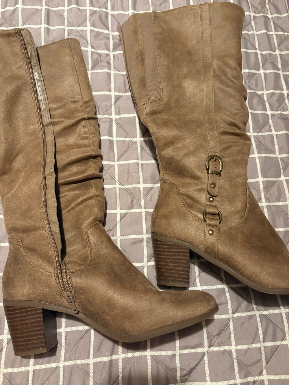 Kim Rogers Taupe Mid-Calf Buckle Block Heel Boots- Worn Once